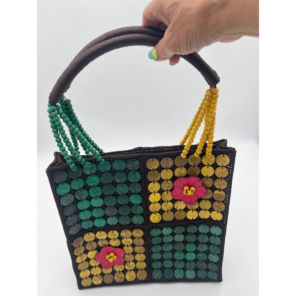 Handmade Coconut Shell Beaded Hibiscus Flower Tote Bag Green Yellow Tropical